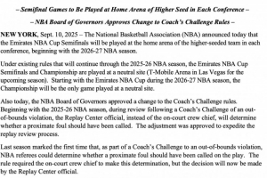 下下赛季起NBA杯半决赛将在战绩更好球队主场进行 决赛依旧中立场