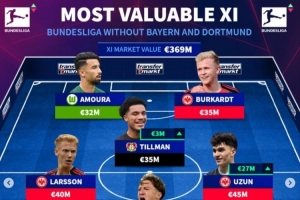 德甲除拜仁多特外身价最高阵：法鹰5人药厂2人，斯蒂勒卢克巴在列