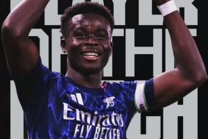 官方：萨卡当选阿森纳1-0富勒姆队内全场最佳