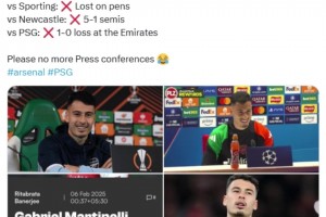 还有这魔咒？外媒：马丁内利3次参加赛前发布会，阿森纳全部输球